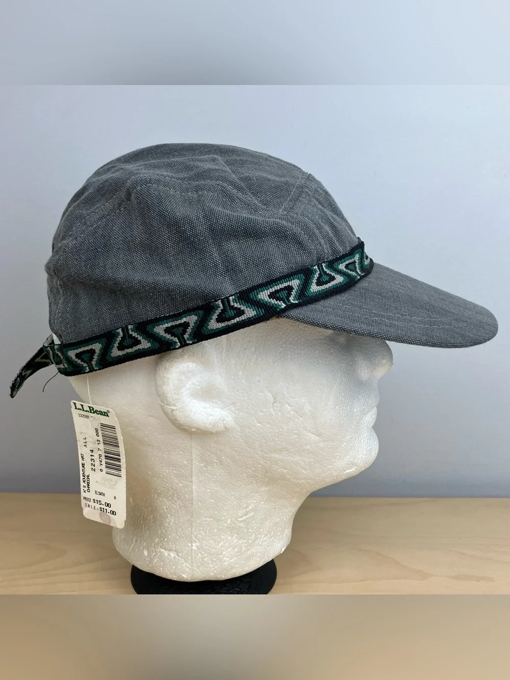 Vintage L.L. Bean 5 Panel Adventure Strapback Hat Script Logo Gray Aztec NOS.